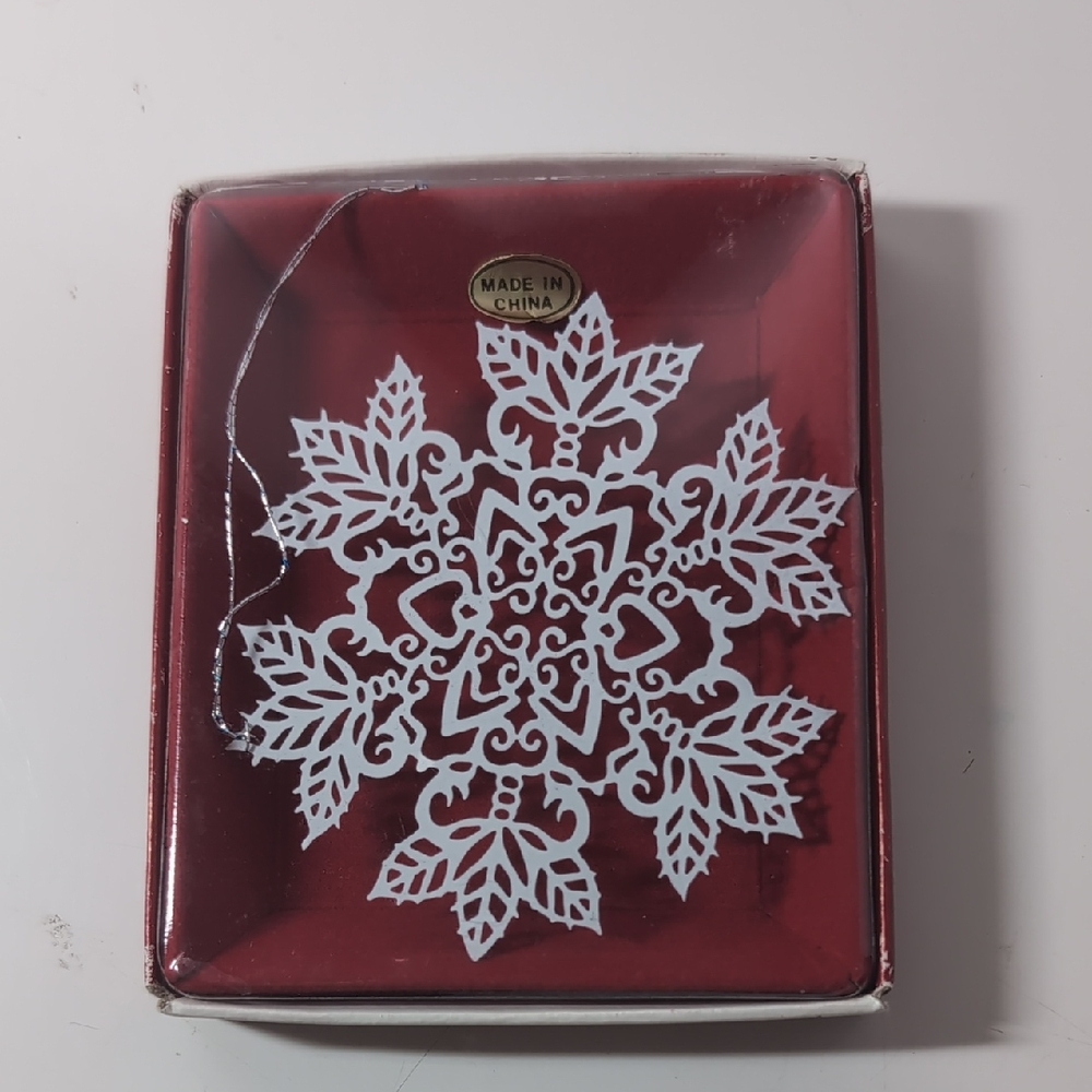 1986 Enameled Brass White Snowflake Ornament, Vintage IOB